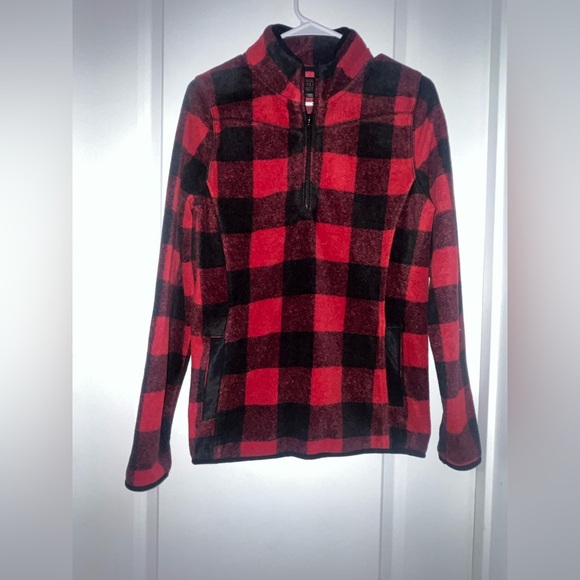 PENDLETON Mens Fleece Pullover Sweater Red Plaid 1/4 Zip Long Sleeve - Picture 1 of 3